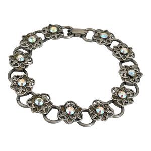 Vintage 1970s Floral Link Bracelet Aurora Borealis Oxidized Silver Tone - 4G